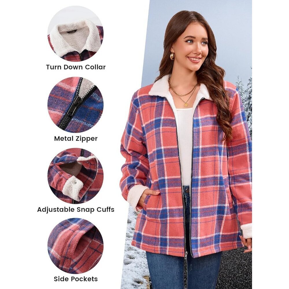 Women's Lined Red/Blue Fleece Flannel Collar Vest Shirt Jackets Zip Closures - Picture 3 of 7